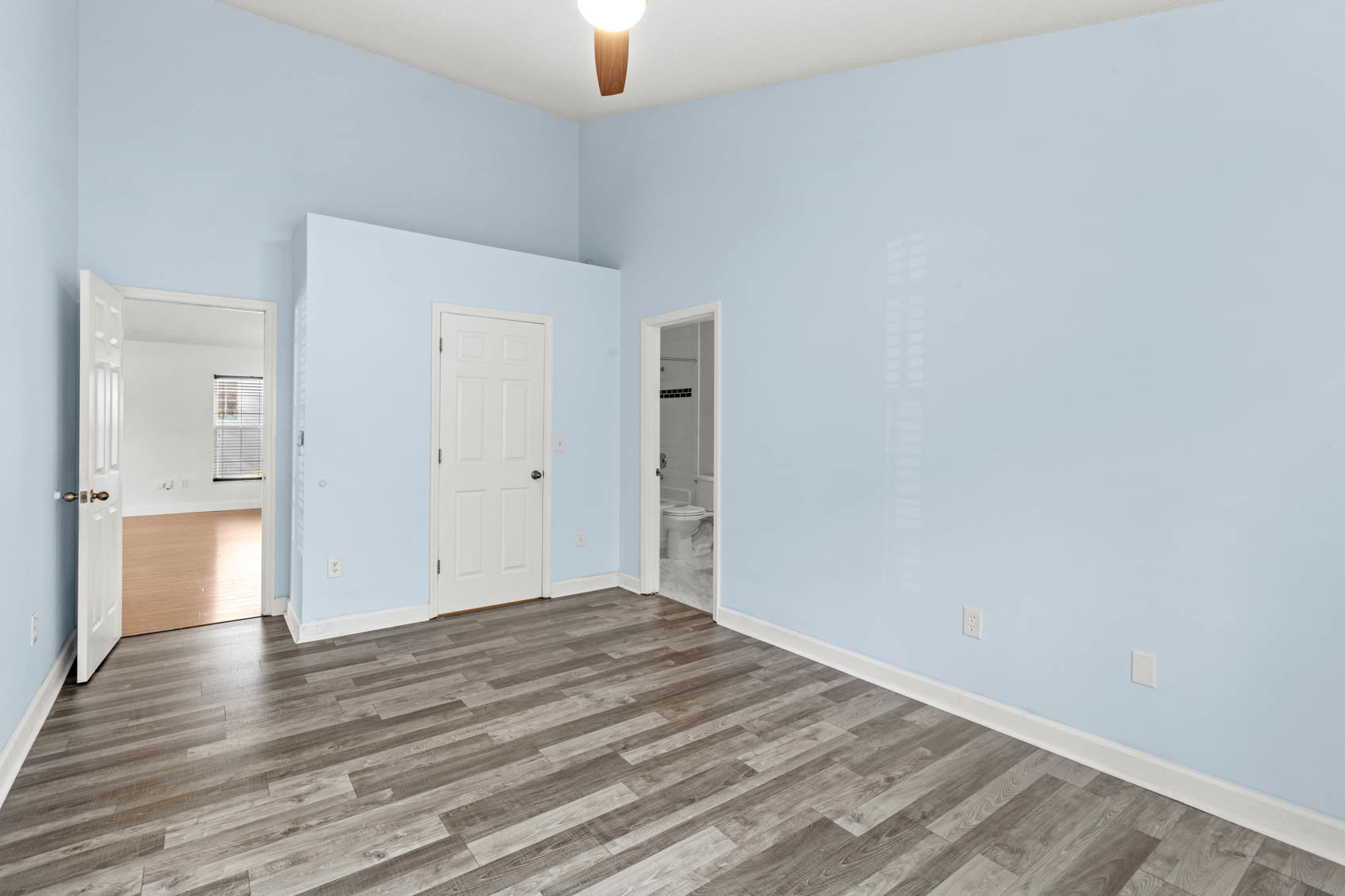 primary bedroom with blue walls and doors to bathroom and closet